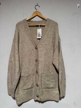 Mango Taupe Button-Up V-Neck Pocket Cardigan